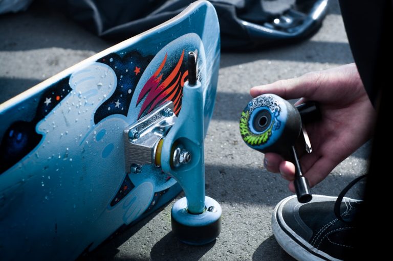 Close-up view of skateboard trucks and hardware
